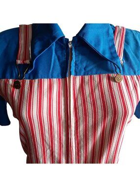 Small Vintage Romper 1970's 1OF1 Blue Red Striped Cotton Blend Womens Handmade